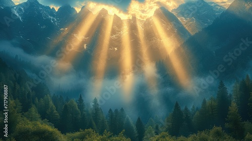 The rays of light are coming through the mountains. Generative AI.