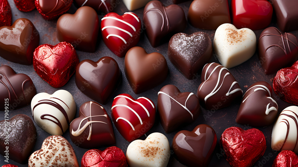Ideas to make chocolate candy at home for Valentine's Day, festivals, Valentine's Day, hearts, candy, desserts, chocolate, sweet, lovely, food, home-made, AI-generated.