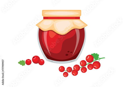 Red currant jam in glass jar and fresh berries vector illustration. Glass of red currant marmalade design element. Red currant jam jar icon set isolated on a white background