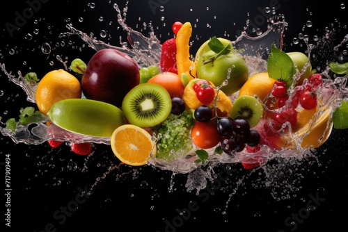 Fruits with splashing water on dark background