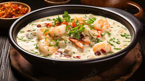 Chowder soup with seafood and prawn shrimps