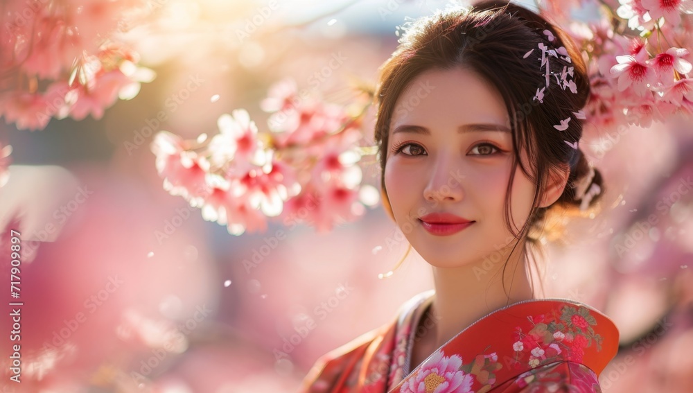 japanese lady in traditional wear in front of blooming cherry trees