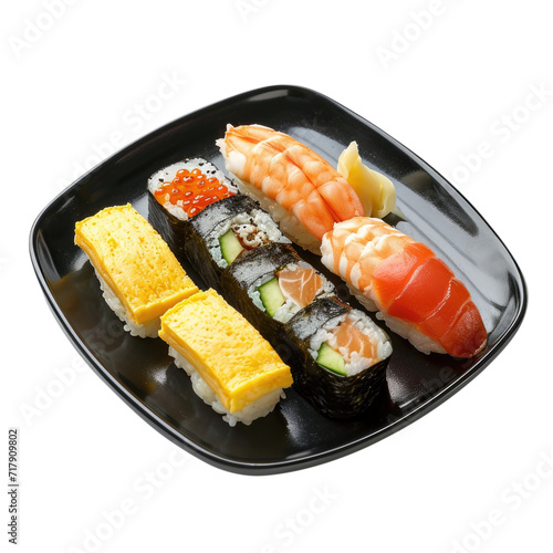 Japanese Sushi Rolls in black plate, Transparent background
