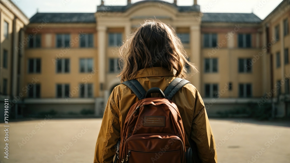 Fototapeta premium Schoolgirl with backpack in front of the school
