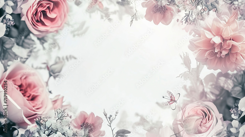 double exposure, wedding greeting card floral template with free copy space - obrazy, fototapety, plakaty 