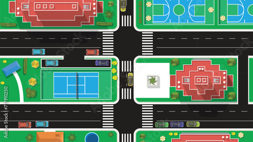 top view flat cartoon of car vehicle with city high and tall building and tennis court and basketball court