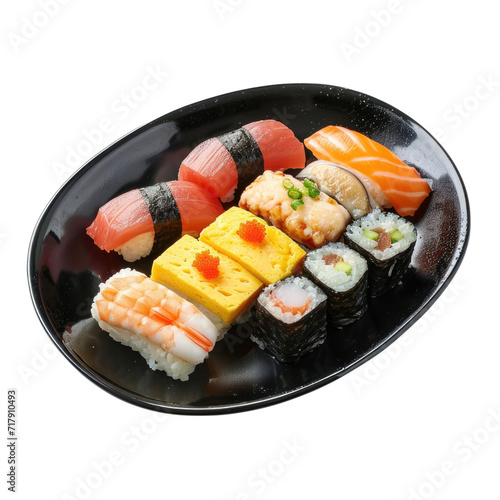 Japanese Sushi Rolls in black plate, Transparent background