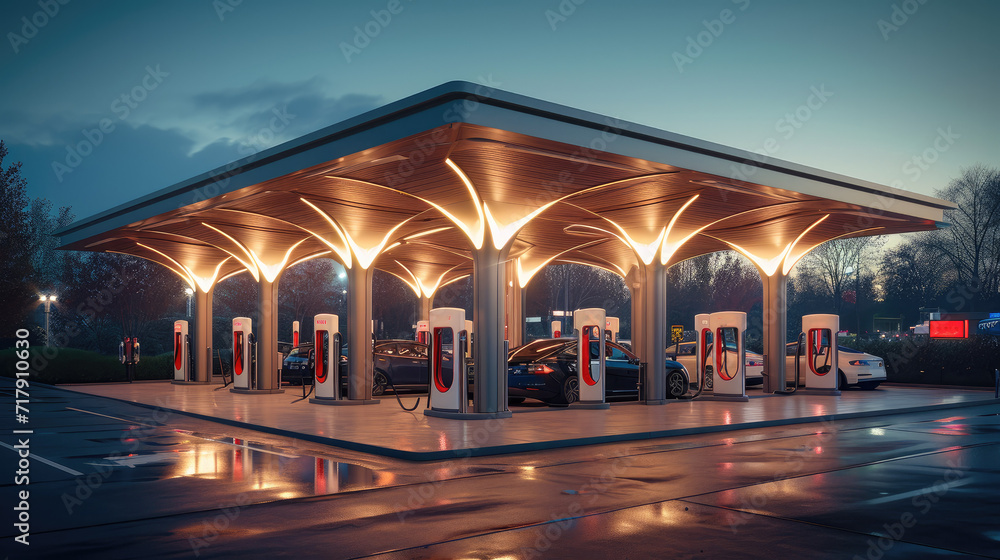 An EV specific gas station filled with DC fast chargers. Generative AI.