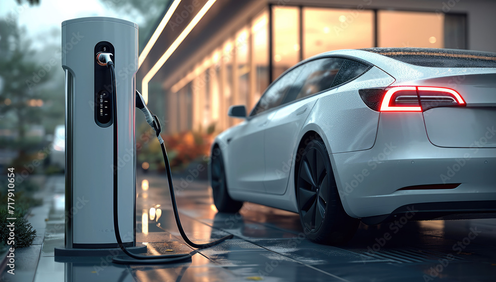 An electric vehicle station, Fast-charging, A sleek and modern electric. Generative AI.