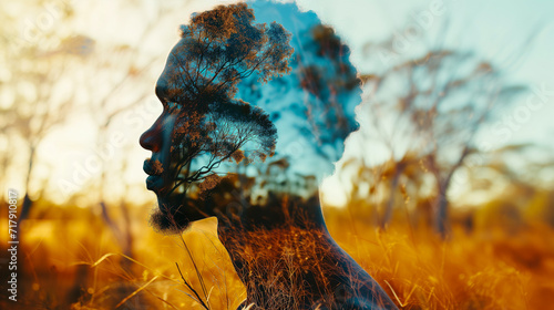 Double exposure portrait of Australian Aboriginal man blended with the Australian bush