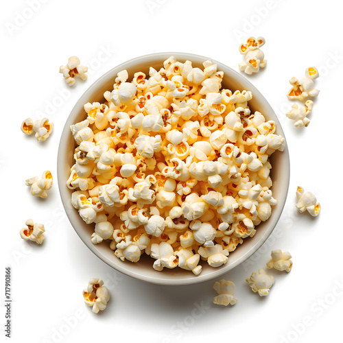 Bowl of Popcorn top view isolated on white background