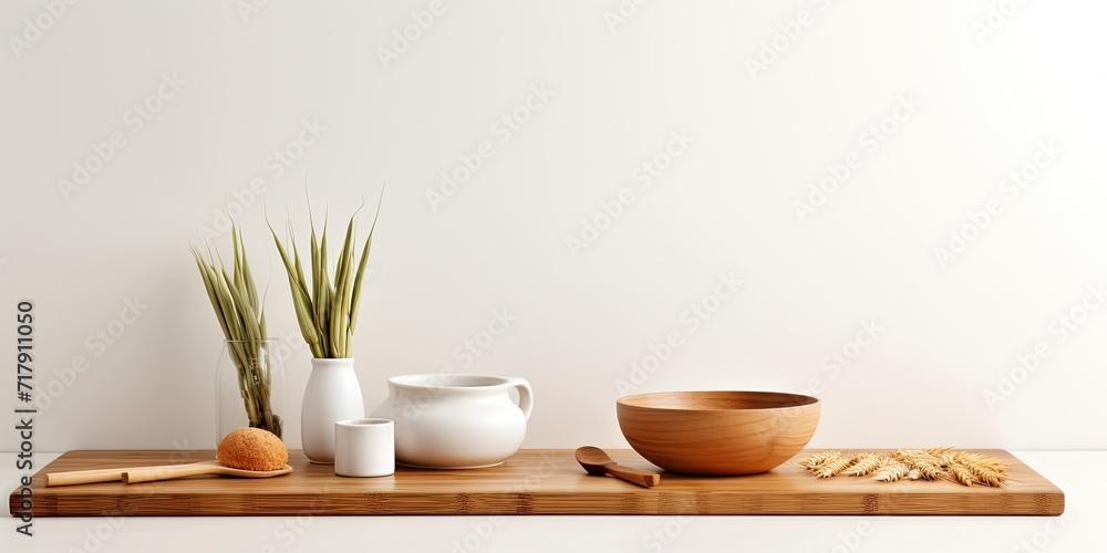 Fototapeta premium Minimal kitchen counter design with wooden counter, white wall, vase with rice plant, chopping block, and food table for product presentation or branding.