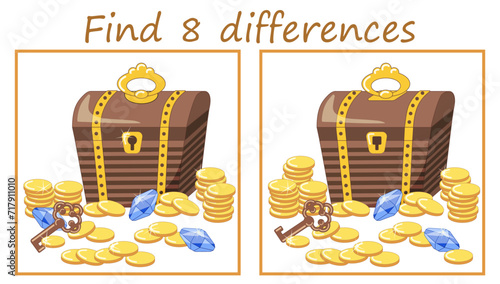 Logic puzzle game. Find 8 differences. Treasure chest with gold coins, gems and old key. Vector illustration for children's development.