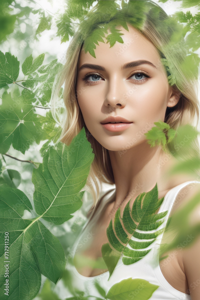 Portrait of a young beautiful woman with healthy skin against a background of green trees, made in the technique of double exposure Portrait of a young beautiful woman with healthy skin against a background of green trees, made in the technique of double exposure