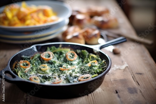 escargot in a pan on a rustic wooden table