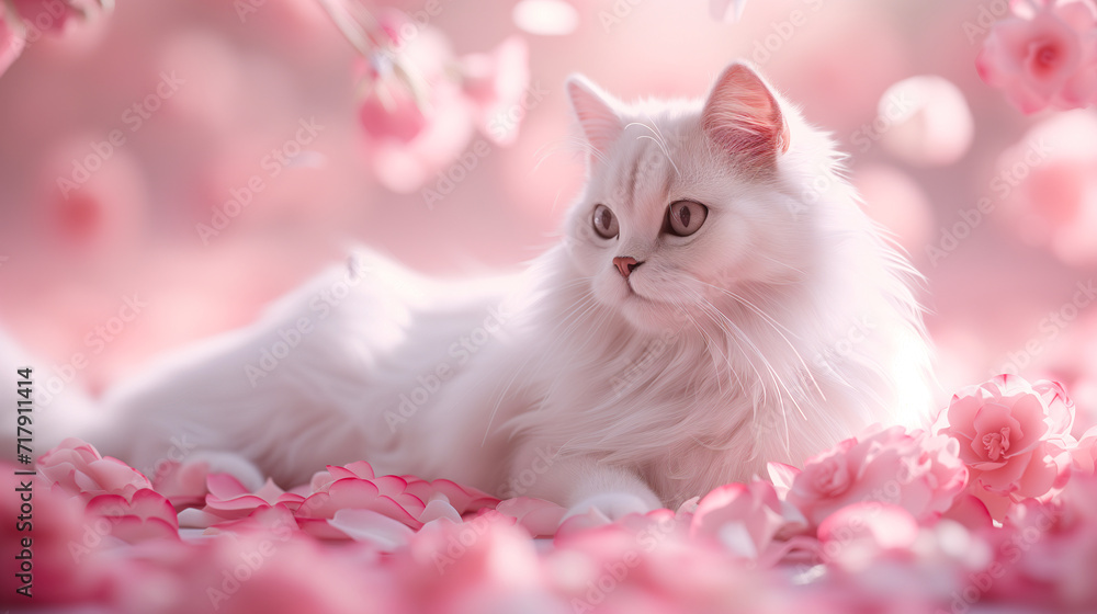 Cute white cat laying down surrounded by rose flowers. Adorable Valentine's Day theme concept Cute white cat laying down surrounded by rose flowers. Adorable Valentine's Day theme concept