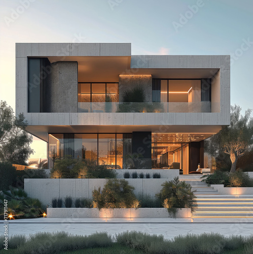 The design of a two story villa with a modern architecture. Generative AI. photo