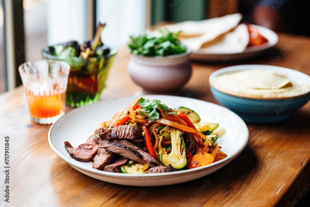 beef fajitas with charred veggies and spicy sauce on side beef fajitas with charred veggies and spicy sauce on side