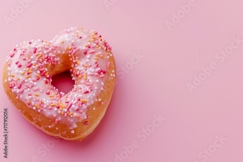 A sticky iced doughnut in the shape of a love heart for Valentine's day