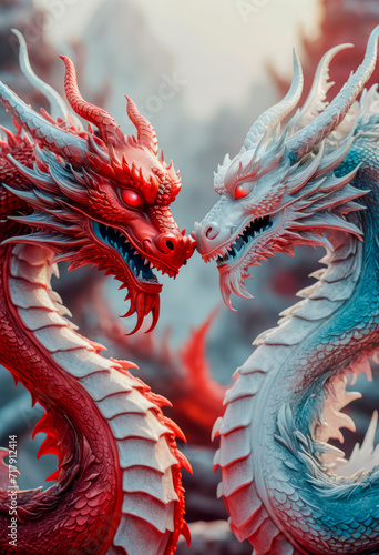 Dragons Yin and Yang, warriors of opposites. Two fantastic Chinese dragons. Year of the Dragon according to the eastern horoscope