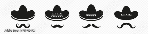 Black mexican sombrero hats with mustache set. Spanish traditional hat with long brim for latin american parties and mariachi and fun vector fiestas photo