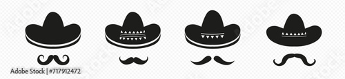 Black mexican sombrero hats with mustache set. Spanish traditional hat with long brim for latin american parties and mariachi and fun vector fiestas