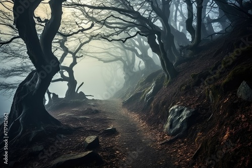 Mysterious dark forest with old trees and fog. Halloween background. Enchanting mystery Forest Landscapes. A path in misty forest in winter in dim light.