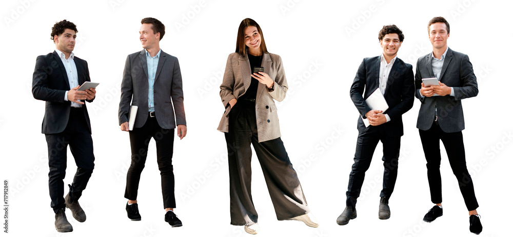 Office employees are entrepreneurs in business clothes, men and women are business people. Isolated transparent background.