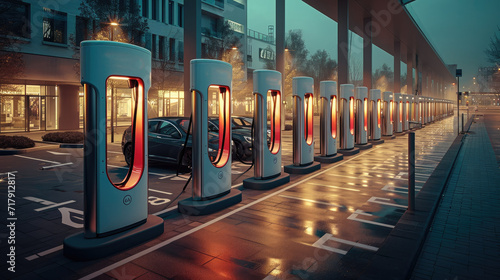 Public row of EV charging station. Generative AI.