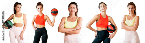 Portrait of a fitness trainer positive woman training in sportswear, collage exercises. Isolated transparent background. © muse studio