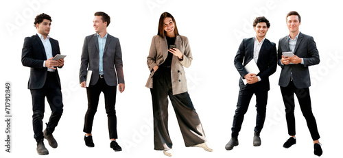 Office employees are entrepreneurs in business clothes, men and women are business people. Isolated transparent background.