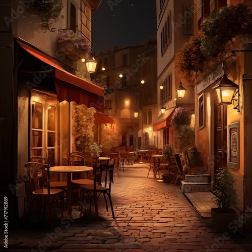Street exterior narrow street lanterns evening restaurant romantic light summer without people