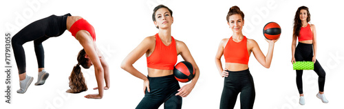 Fitness slim confident woman workout in sportswear with a ball  collage exercises. Isolated transparent background.