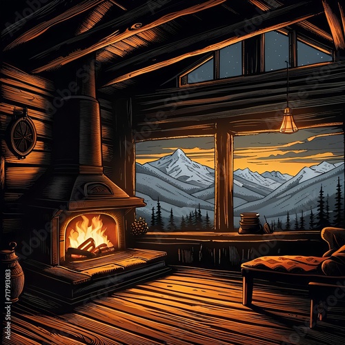 Interior of romantic cabin in woods