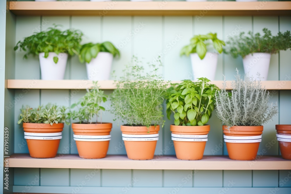 row of potted herbs for sale on a shelf