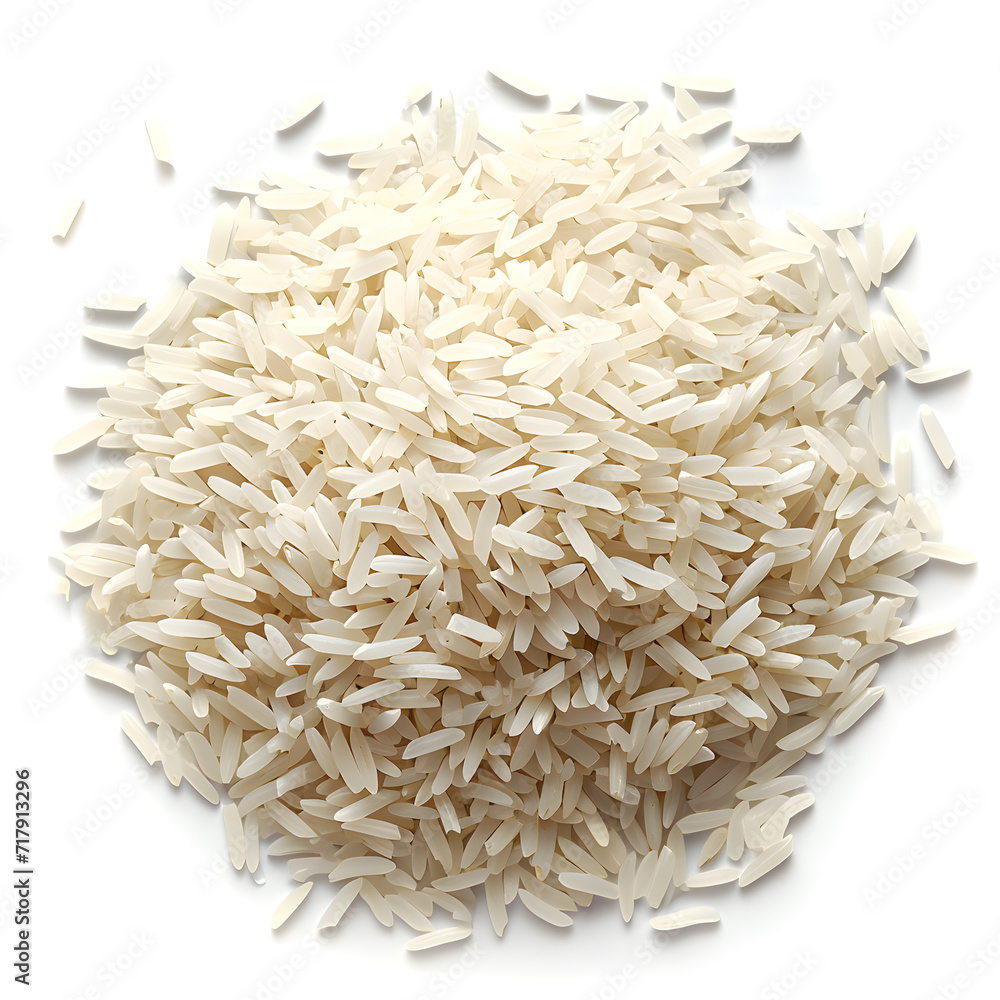 Pile of white rice top view isolated on white background