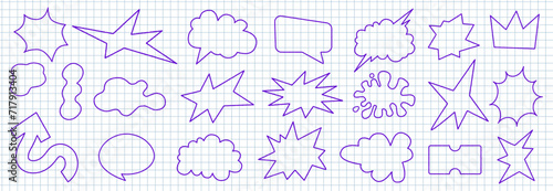 A set of trendy speech bubbles, irregular stars, arrows. Simple hand drawn funny shapes with scribble textures. Vector illustration elements in a check background