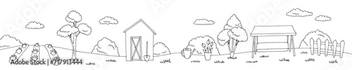 Garden graphic black white long landscape sketch illustration vector 