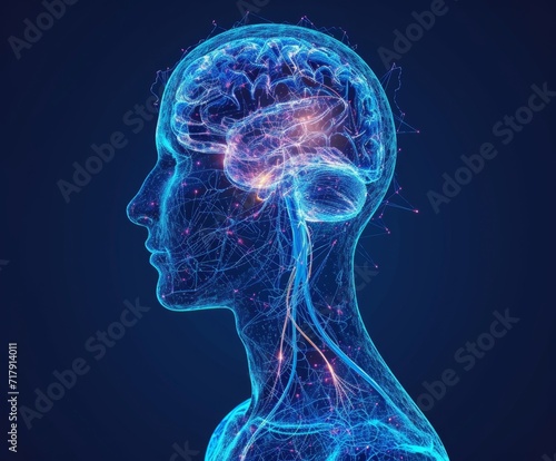 3d view of a human head with the main lines of the brain illustration