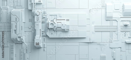 Fototapeta Naklejka Na Ścianę i Meble -  Scifi cyber space age material multifunctional background wall . Wide format panel design. white galaxy light. space travel.  sci-fi hand edited generative AI. 