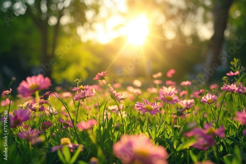 A meadow of flowers on the background of the sun