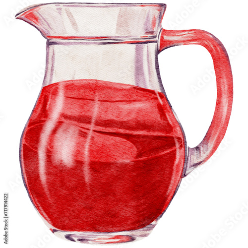 Watercolor glass jug with cherry red juice, isolated on transparent background. Watercolor hand draw illustration