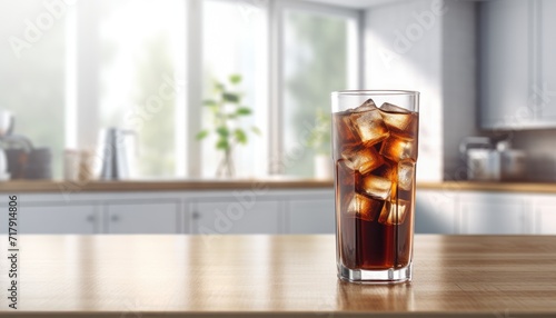 Highly detailed photo realistic glass of iced coffee standing on light wooden table against bright modern kitchen