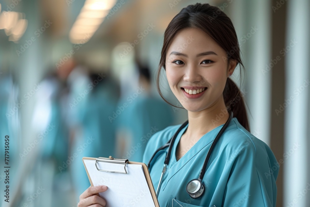 asian female nurse holding a clipboard in hospital asian female nurse holding a clipboard in hospital
