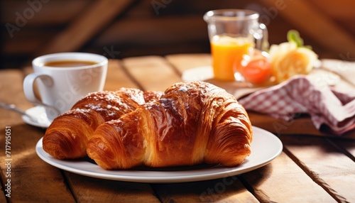 Close up realistic croissant and cup of coffee, authentic French breakfast with coffee and orange juice