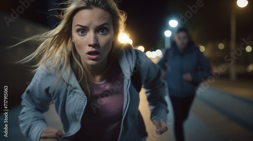 Woman running scared for her life photo