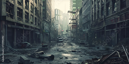 An empty and forsaken city street in a post-apocalyptic world