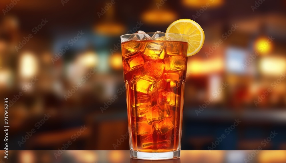 Close up realistic Long Island Iced Tea cocktail standing on bar counter against bar background