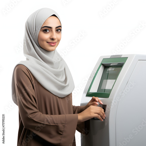 Young middle eastern woman using a drive-thru banking service isolated on white background, photo, png 