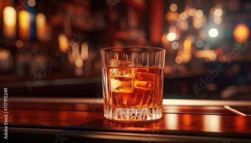 Photo realistic highly detailed glass of brandy with ice standing on bar counter table against dark bar background